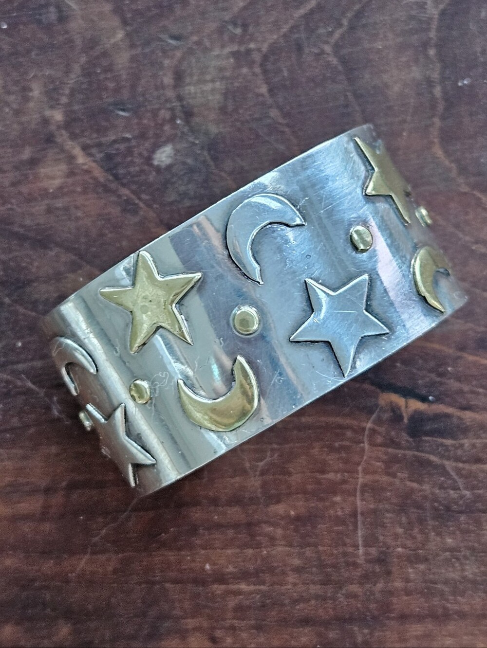 Vintage Taxco Sterling Two-Tone Celestial Cuff Bracelet Silver & Gold Moon Star